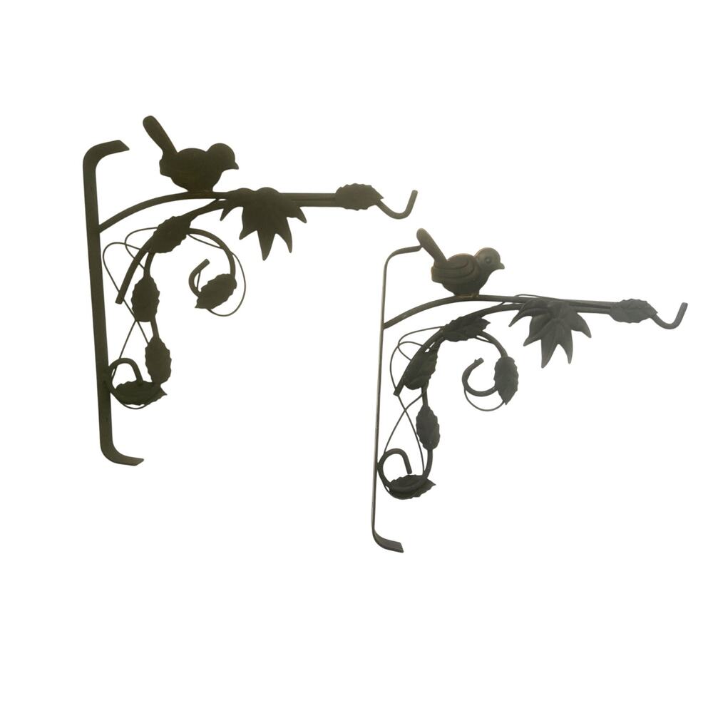 Pair of Bird Leaf Vine Black Metal Rod Iron Planter Hooks